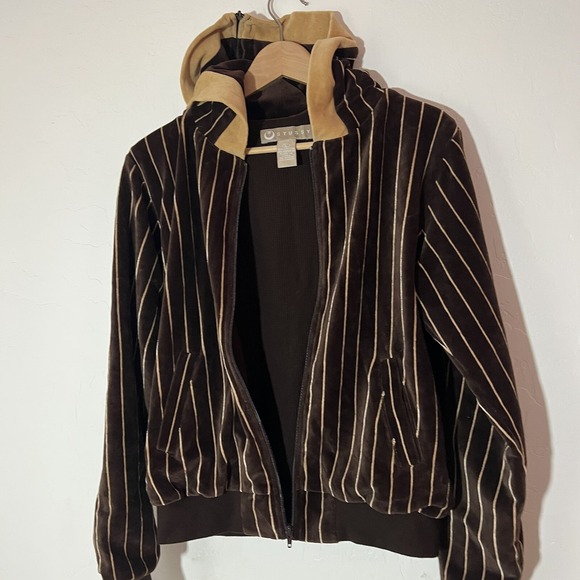 Stussy Tops - Stussy Velour Waffle Lined Zip Up Jacket Coat Stripe Y2K Zippered Hood Sz Large